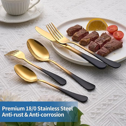 20-Piece Black Gold Silverware Set, 18/0 Stainless Steel Colorful Handle Flatware Set,Service for 4,Modern Cutlery Set Includes Dinner Knives Forks Spoons,Mirror Polished,Dishwasher Safe