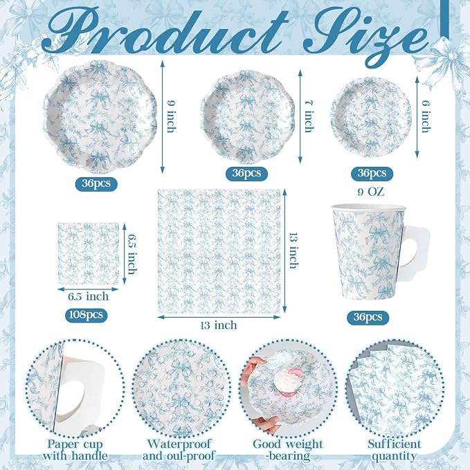 Pickmesh 252 Pcs Blue Bow Floral Tea Party Supplies - Image 4
