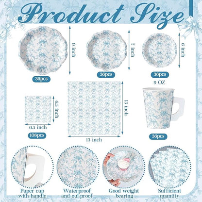 Pickmesh 252 Pcs Blue Bow Floral Tea Party Supplies - Image 4