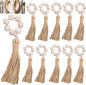 Maxcheck 12 Pcs Wood Bead Napkin Rings with Tassel Handmade Wooden Farmhouse Napkin Ring Natural Beaded Napkin Ring Holders for Tabletop Dining Party Wedding Gathering Home Decoration (Whitewashed)