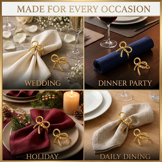 Gold Napkin Rings Set of 12 – Elegant Bow Design – Decorative Napkin Ring - Image 7