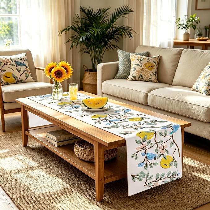 Embroidered Table Runner 14x72 Inch, 3D Textured Lemon Floral Canvas Dresser - Image 4