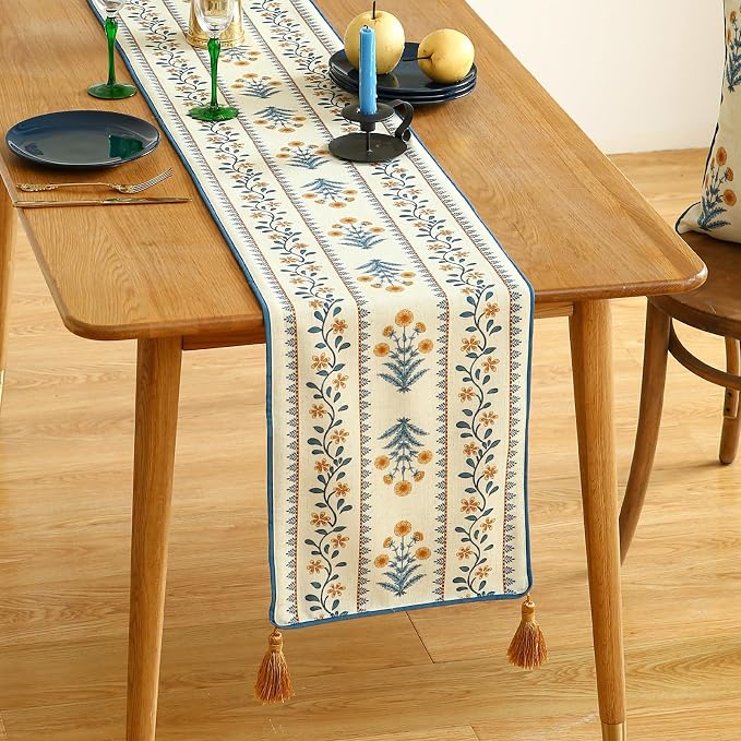 Designer French Linen Extra Long Table Runner, Pale Yellow Floral Pattern - Image 2
