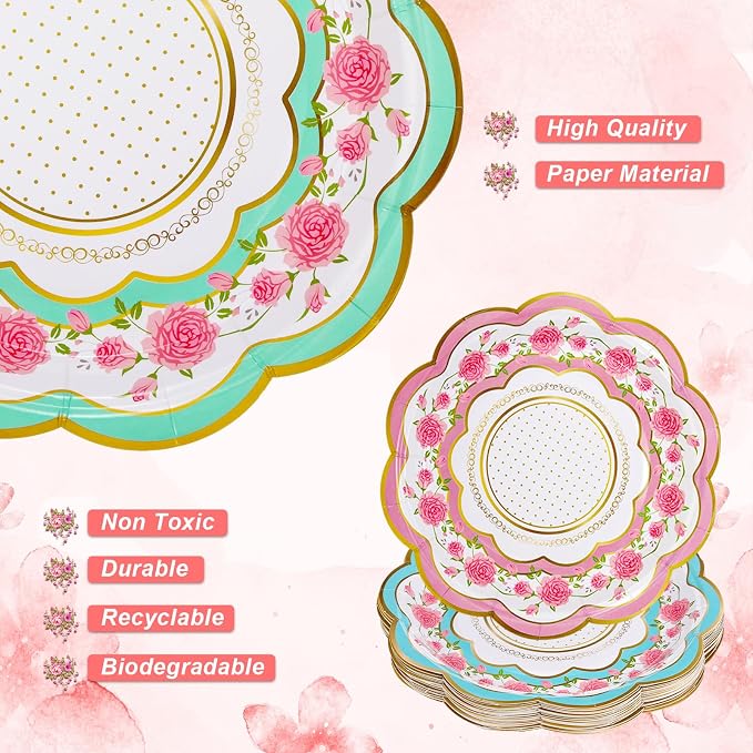 FillTouch 48 Sets Floral Paper Tea Cups and Saucers Disposable Paper Tea Party - Image 4
