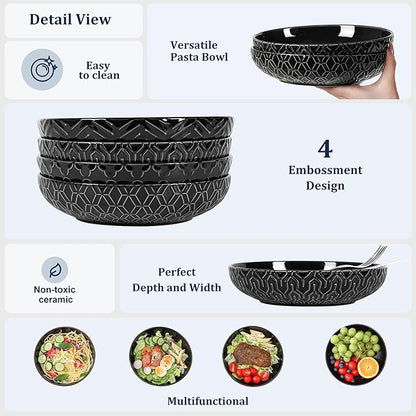 Sureasy Pasta Bowls Set of 4-30oz Large Embossed Salad Bowls, 8.5 Inch Wide and Shallow Plate Bowls, Salad Bowl, Microwave, Oven & Dishwasher Safe, Black