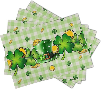 St. Patrick's Day Clover Top Hat Placemat Set of 4,Lucky Shamrock Gold Coin Dining Place Mat Table Decor 12x18 Inch Buffalo Plaid Seasonal Spring Table Mats for Home Party Kitchen Decoration