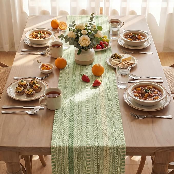 Artoid Mode Sage Green Farmhouse Stripe Braided Table Runner 12x120 Inch | - Image 3