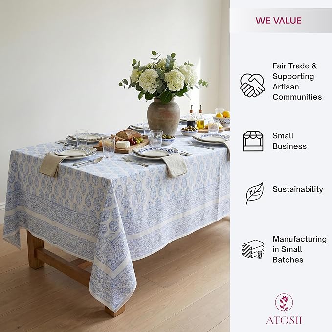 ATOSII Amalfi 100% Cotton Boho Square Fall Tablecloth, Handblock Print Table Cloth for Kitchen I Dining Table Linen Fall Décor I Parties Wedding Outdoor Christmas Thanksgiving I Fall 60 X 60 Inches