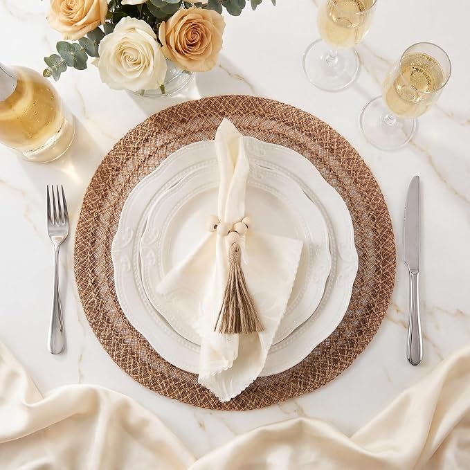 24 Pcs 15'' Burlap Boho Woven Placemat Wood Bead Napkin Rings - Image 4