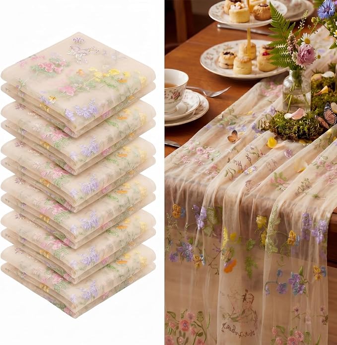 Champagne Floral Table Runner 10ft Embroidery Tulle Spring Wildflower Gauze by Windkream