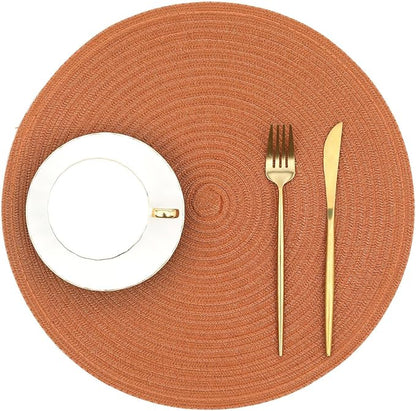 SHACOS Round Placemats Set of 4 for Dining Table 15 inch Round Braided Fall Placemats Washable Kitchen Table Mats Home Decor, Dark Orange