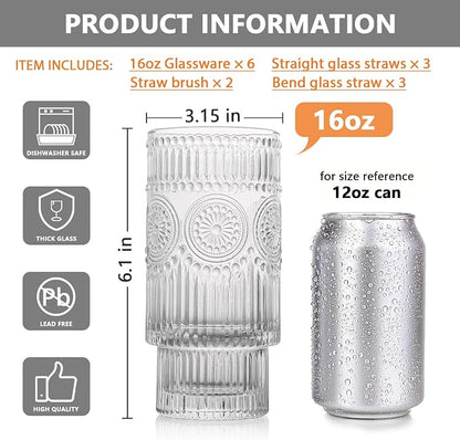 SoulTimes 6 Pack Large 16oz Ribbed Glassware Set, - Image 2