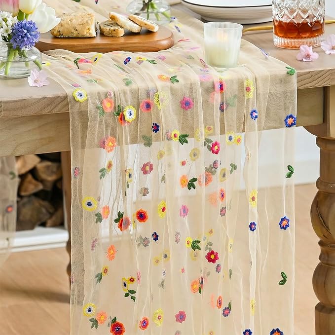 Artoid Mode Champagne Embroidery Daisy Gauze Table Runner 59x120 Inch 10FT | by ArtoidMode