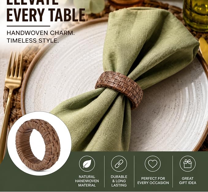 Cane Napkin Rings, Dark Brown, lacquered finish, 2.25x2.25x0.5 in, holds cloth - Image 2