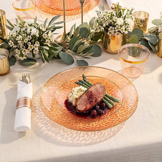 Rubtlamp 700Pcs Orange Gold Plastic Dinnerware Set, Hammered Clear Gold Plates - Image 6