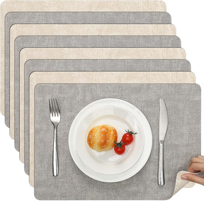 Myir JUN Reversible Vinyl Placemats Set of 8, Faux Leather Place Mats Dual Sided Waterproof Wipeable, Heat-Resistant Table Mats for Kitchen Dining Indoor Outdoor (12" x 17", Light Gray Cream-White)