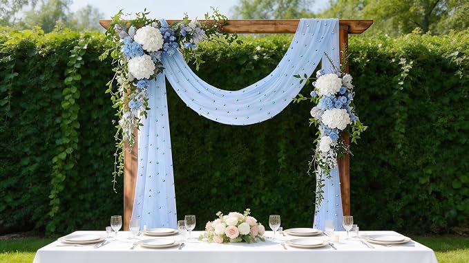 Pearl Table Runner Gauze Sheer 19FT Wedding Draping Fabric Decor | Blue Summer - Image 3