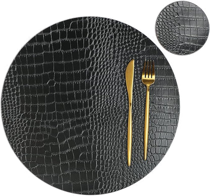 Round Leather Placemats for Round Tables Set of 8, Black Table Place Mats and Coasters, Washable Easy to Care for Indoor Decor 13" Diameter