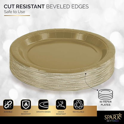 Disposable Paper Plates Gold, 7 Inch Paper Dessert Plates, Strong and Sturdy Disposable Plate for Party, Dinner, Holiday, Picnic, or Travel Party Plate, Pack of 50