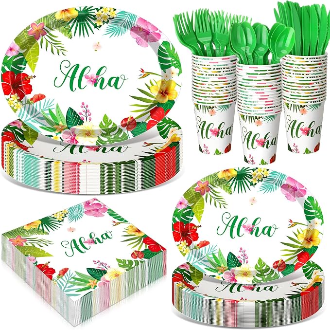 350 Pcs Summer Hawaiian Party Supplies Luau Oval Plates and Napkins Set Palm by Pajean