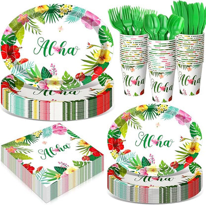 350 Pcs Summer Hawaiian Party Supplies Luau Oval Plates and Napkins Set Palm by Pajean