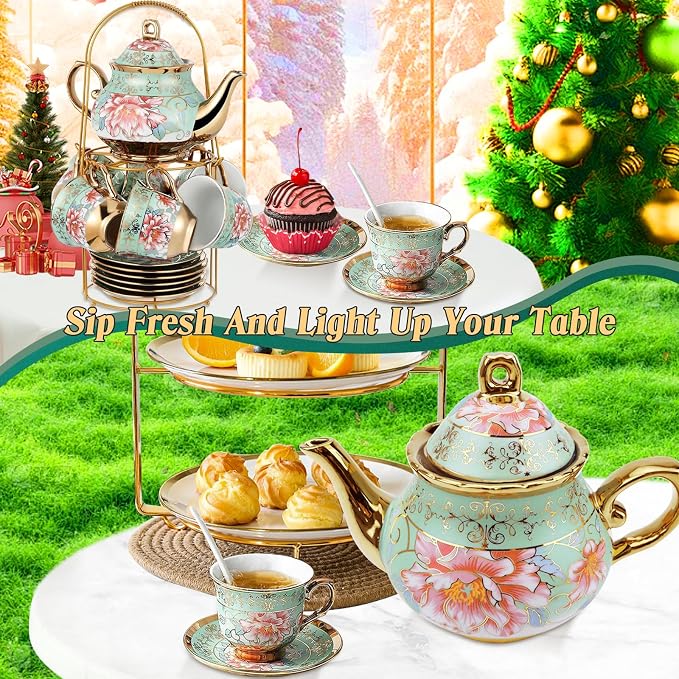 20 Pcs Porcelain Tea Set with Metal Holder, Adult Tea Set Gift, European - Image 8