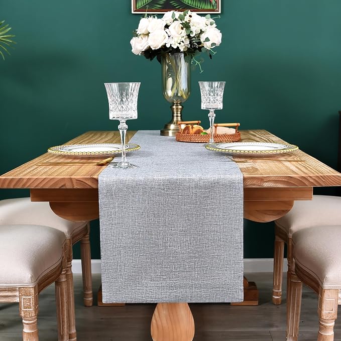 NEWISHER Farmhouse Rustic Faux Linen Solid Grey Table Runner 13x48inch | Grey - Image 3