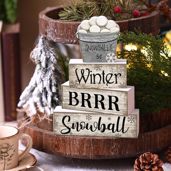 Moucuny 4 Pcs Winter Table Decorations Winter Tiered Tray Decor Christmas Table - Image 3