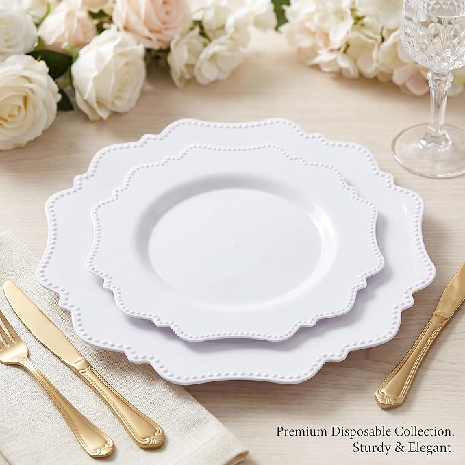 COLOSUS 60PCS White Plastic Plates-Fancy Plastic Beaded Plates, Plastic Premium - Image 2