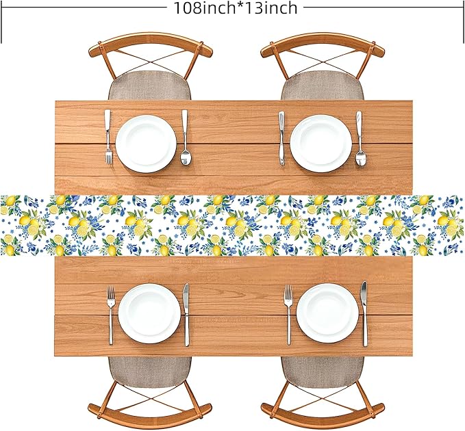 Lemon and Blue Floral Table Runner, 108 x 13 inches, Easy Care Machine Washable - Image 5