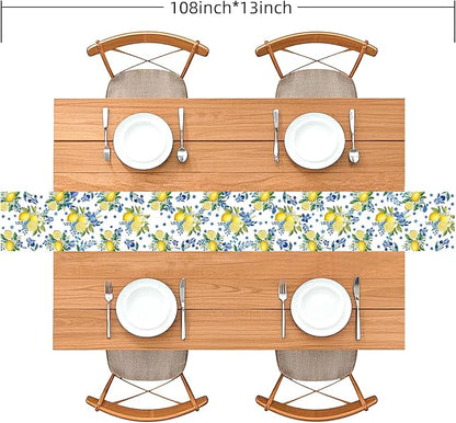 Lemon and Blue Floral Table Runner, 108 x 13 inches, Easy Care Machine Washable - Image 5