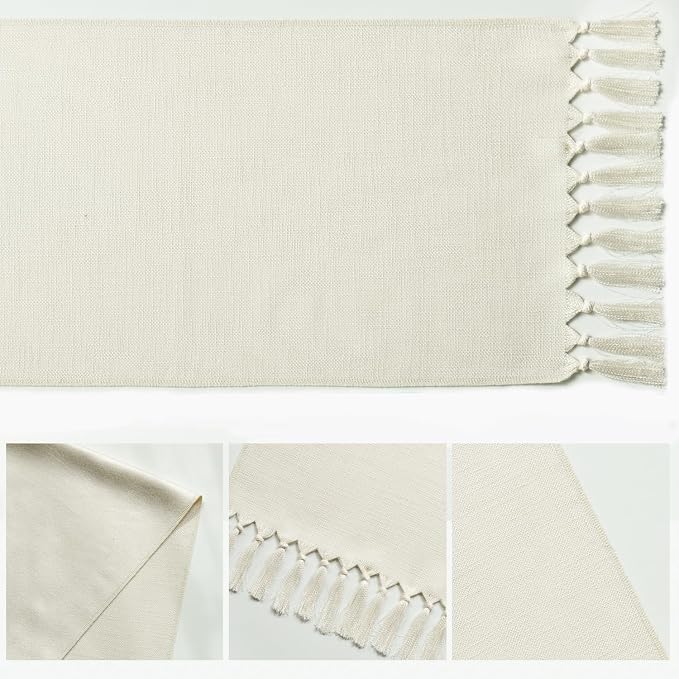 Artoid Mode Beige Tassel Table Runner, Boho Linen Blend Rustic Farmhouse Style - Image 5