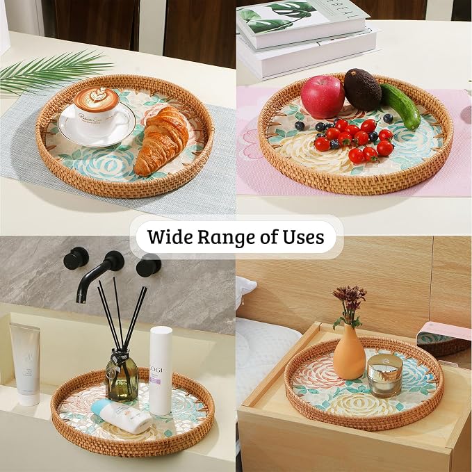 Round Rattan Tray with Mother of Pearl Inlay, Wooden Base | Coffee Table - Image 4