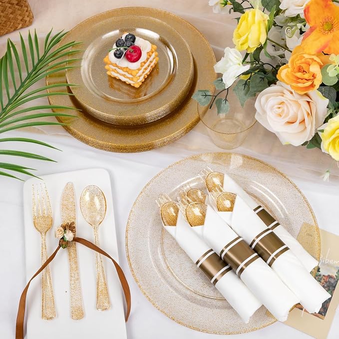 WELLIFE 210Pcs Gold Glitter Dinnerware Set, Include: 30Dinner Plates, 30Dessert - Image 3