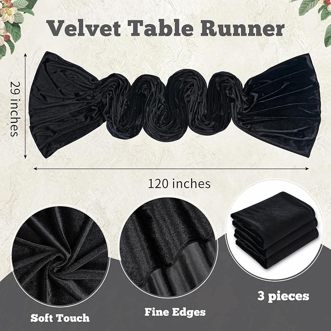 Black Velvet Table Runner 29x120 Inch Luxury Retro Halloween Runners | 3 Pieces - Image 3