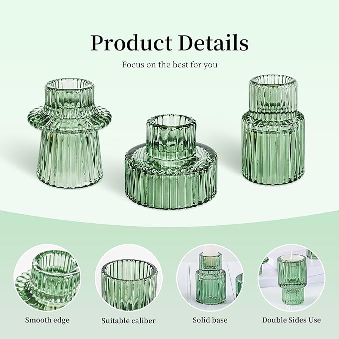 Taper Votive Candle Holder for Pillar Candles Tealight, Candlestick Holder for Wedding Christmas Tea Party, Boho Ribbed Vintage Crystal Glass Table Centerpiece Decor, Bulk Set of 6 (Green)