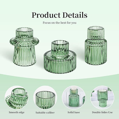 Taper Votive Candle Holder for Pillar Candles Tealight, Candlestick Holder for Wedding Christmas Tea Party, Boho Ribbed Vintage Crystal Glass Table Centerpiece Decor, Bulk Set of 6 (Green)