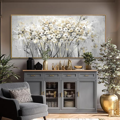 VAYIMDH White and Gold Canvas Wall Art Flower Photo Prints Vintage Wood Wall Decor 40"x86" Kitchen Artwork Pictures for Bedroom