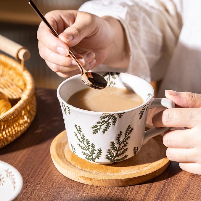 Coffee Mugs Set of 4 with Gold Spoon, 11 oz Ancient Style Hand-painted Ceramic - Image 2