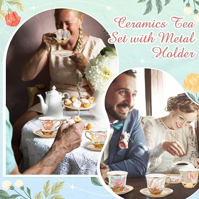 Teenyyou Set of 12 Tea Cups and Saucers Tea Party Decorations Floral Porcelain - Image 6