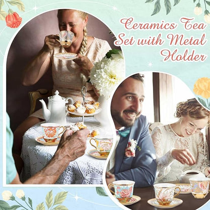 Teenyyou Set of 18 Tea Cups and Saucers Tea Party Decorations Floral Porcelain - Image 5