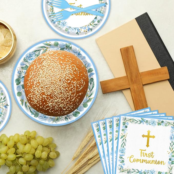 96 Pieces First Communion Floral Tableware Set – Blue Floral Cross Disposable - Image 6