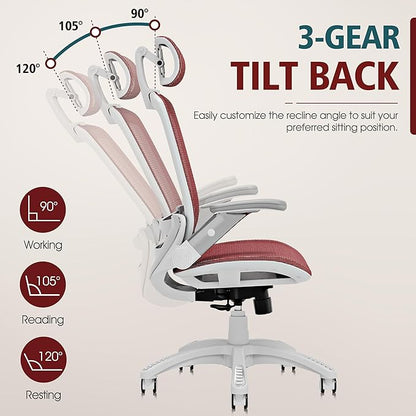 GABRYLLY Ergonomic Office Chair, High Back Home Desk Chair with Headrest, Flip-Up Arms, 90-120° Tilt Lock and Wide Cushion, 400LBS Mesh Chairs for Man Woman, White Task Chair(Red,GY01WR)