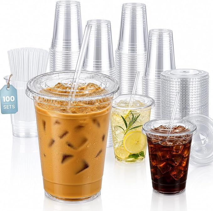 GOSCHE 16 oz Plastic Cups with Lids and Straws, 100 Pack Clear Disposable Iced by GOSCHE