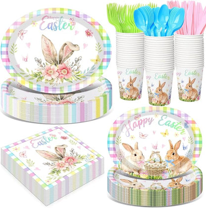350 Pcs Easter Plates Set Bunny Birthday Decorations by Pajean