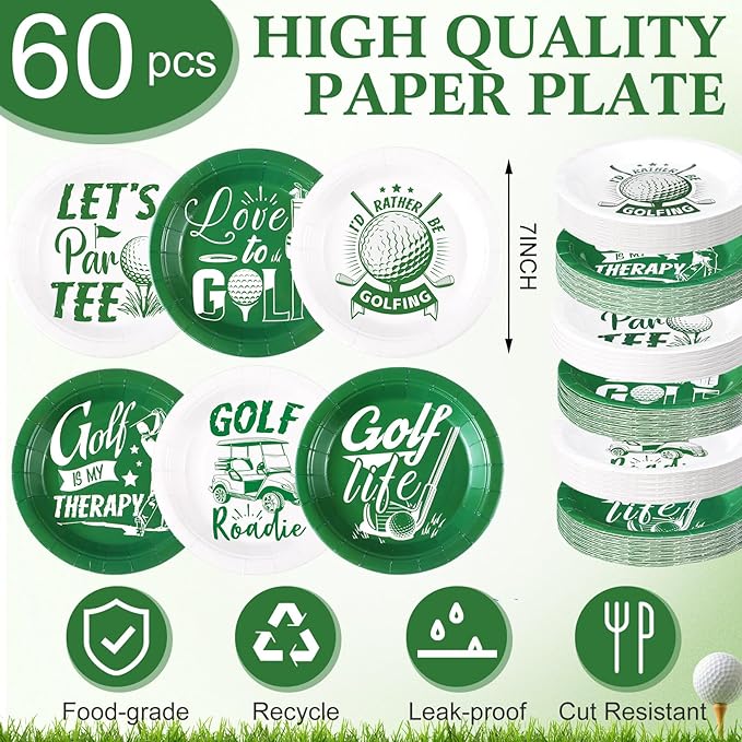 60 Pcs Golf Party Decorations 7 Inch Golf Party Paper Plates for Birthday Table Supplies Lets Par Tee Plates Disposable Sports Dessert Tableware for Holiday Baby Shower Favors