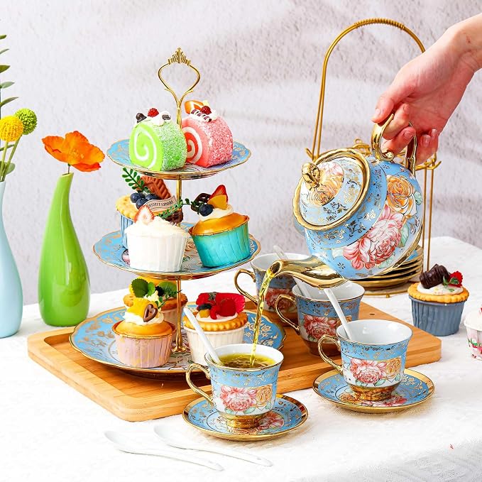 21 Pcs Porcelain Tea Set for Women Tea Party - Image 3