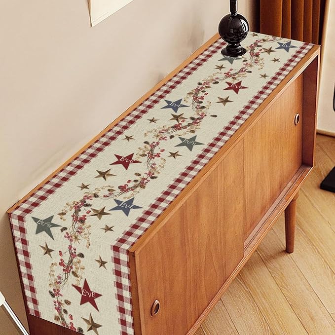 Western Texas Table Runner, Rustic Farmhouse Red Plaid Check Golden Star Barn - Image 2