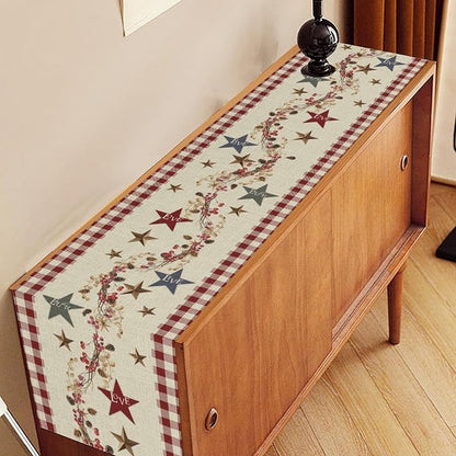 Western Texas Table Runner, Rustic Farmhouse Red Plaid Check Golden Star Barn - Image 2