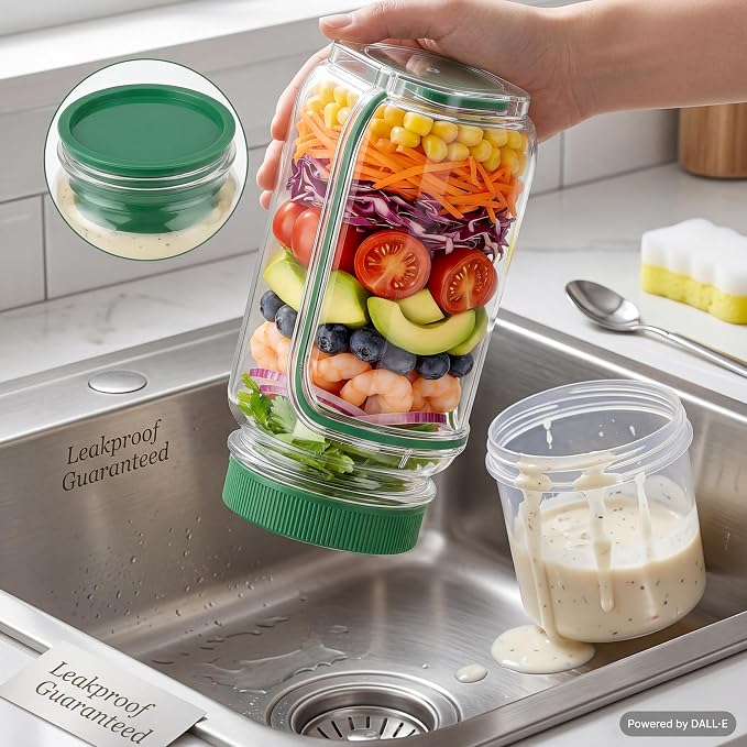 35oz Side Opening Mason Salad Jar | 1000ml Leakproof Portable Salad Container - Image 3